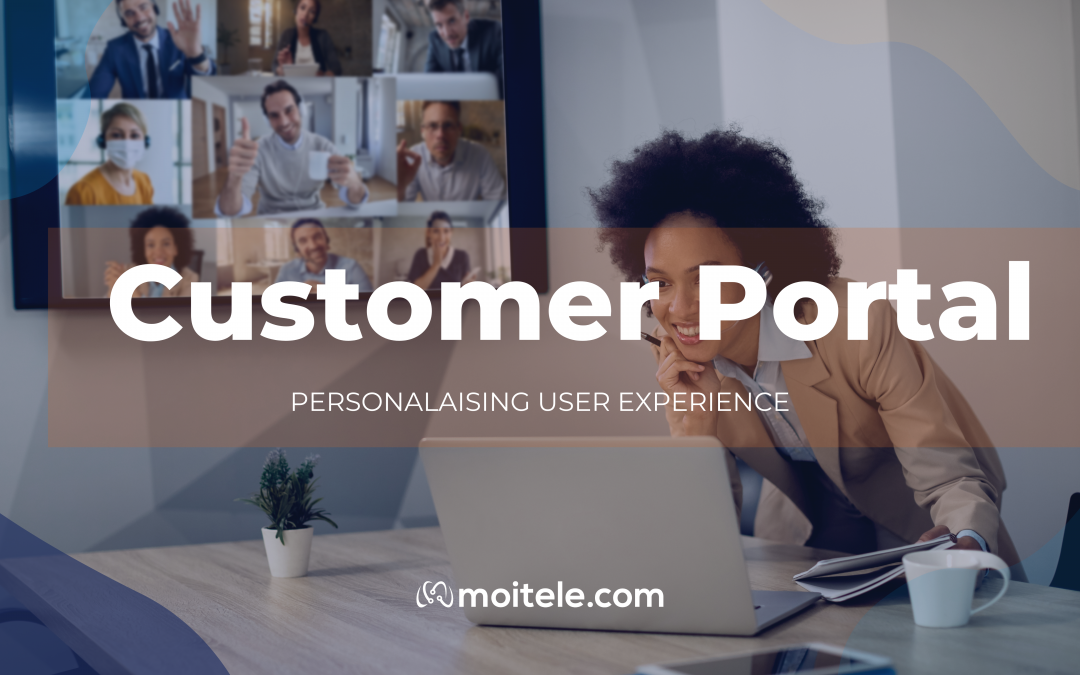 woman on conference call with text banner reading customer portal