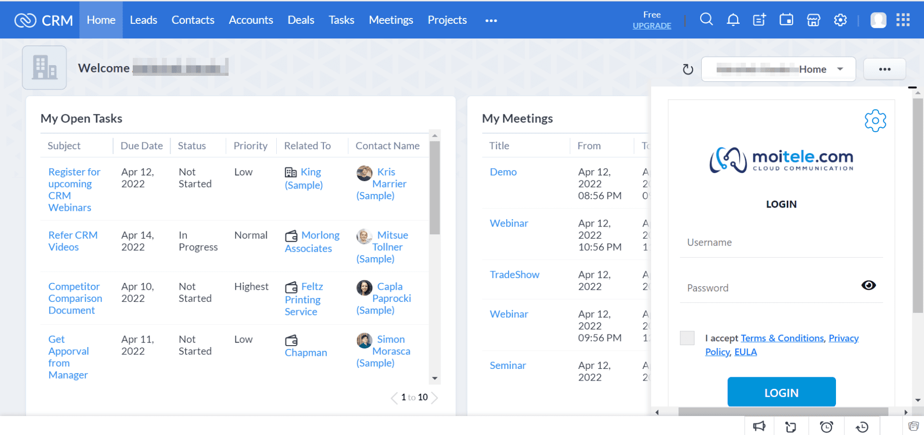 screenshot of a login screen of a calling app within a CRM