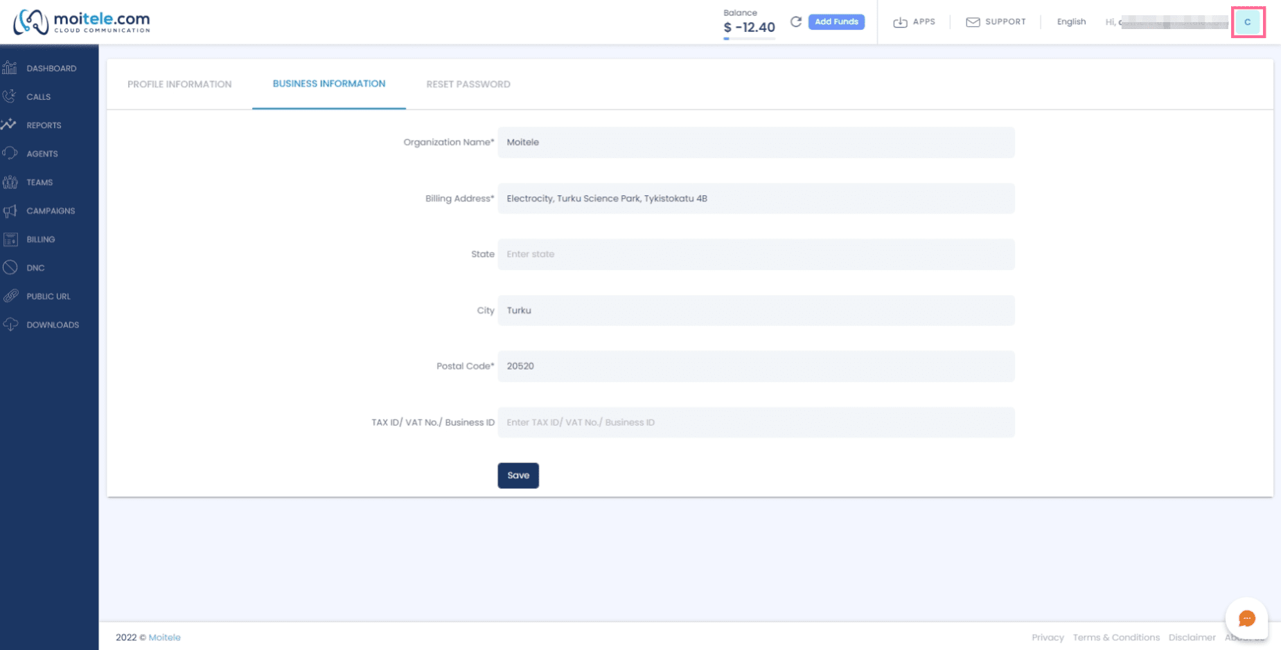 screenshot from Moitele portal